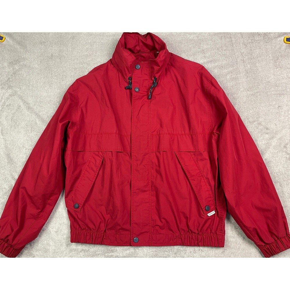 London Fog Windbreaker Jacket Mens L Long Red Good Hooded Lightweight Zip Up
